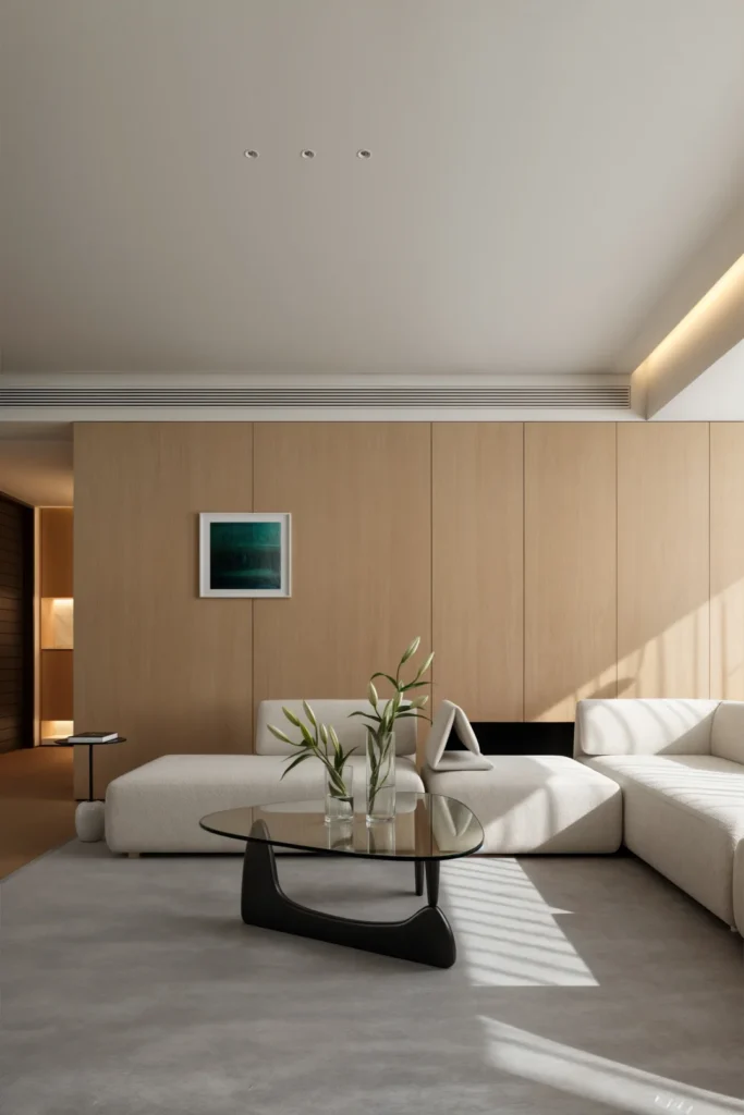 A plush sofa, cladded panel, and warm timber tones enhanced by a bold blue canvas—showcasing Maison Bleu’s mastery of texture and depth in design
